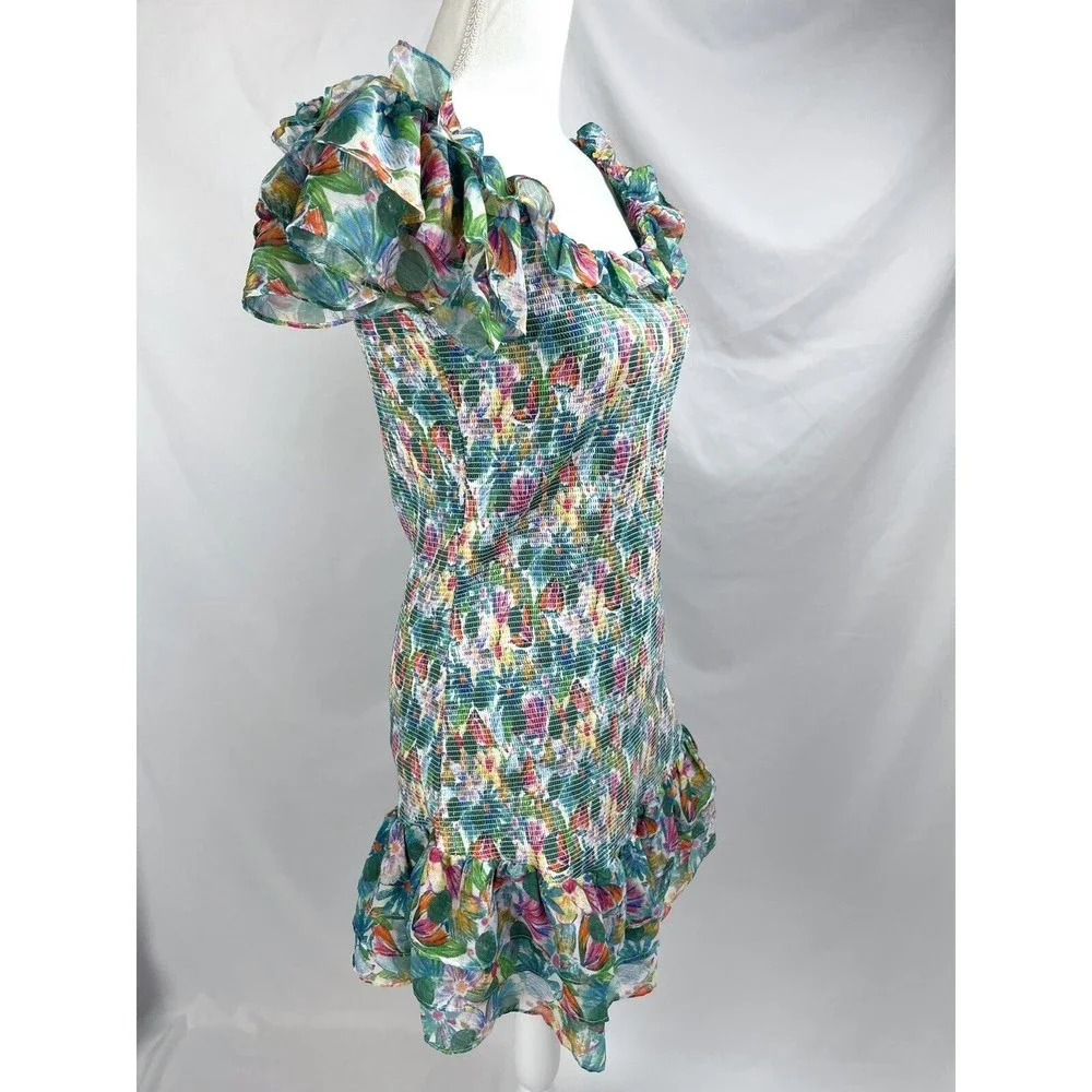 ASTR The Label XL Green Pink Blue Floral Smocked Sleeveless Dress Flutter Sleeve - Picture 8 of 12